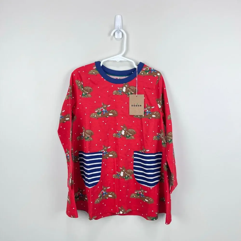 Mini Boden Printed Tunic Rockabilly Red Festive Deer 5-6 NWT